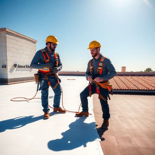 Dos técnicos de Pulseqpanda inspeccionando una cubierta plana con membrana en Murcia
